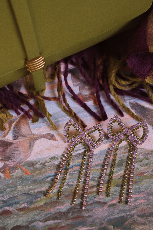 Bow Lilac &amp; Green Stoned Earrings 