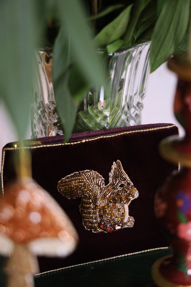 Burgundy Squirrel Velvet Pouch