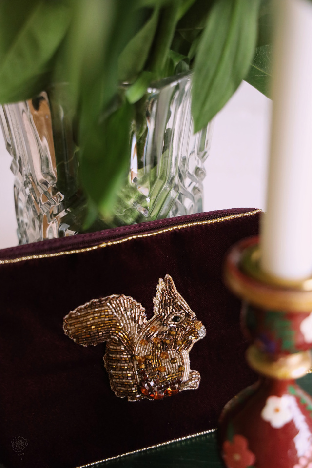 Burgundy Squirrel Velvet Pouch