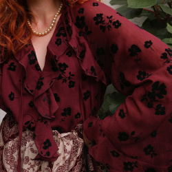 Burgundy Bloom Chiffon Boho Blouse 