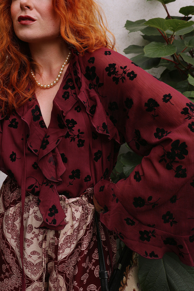 Burgundy Bloom Chiffon Boho Blouse 