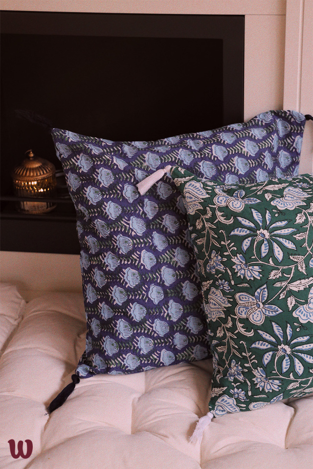 Dark Blue Floral Cotton Pillow Cover