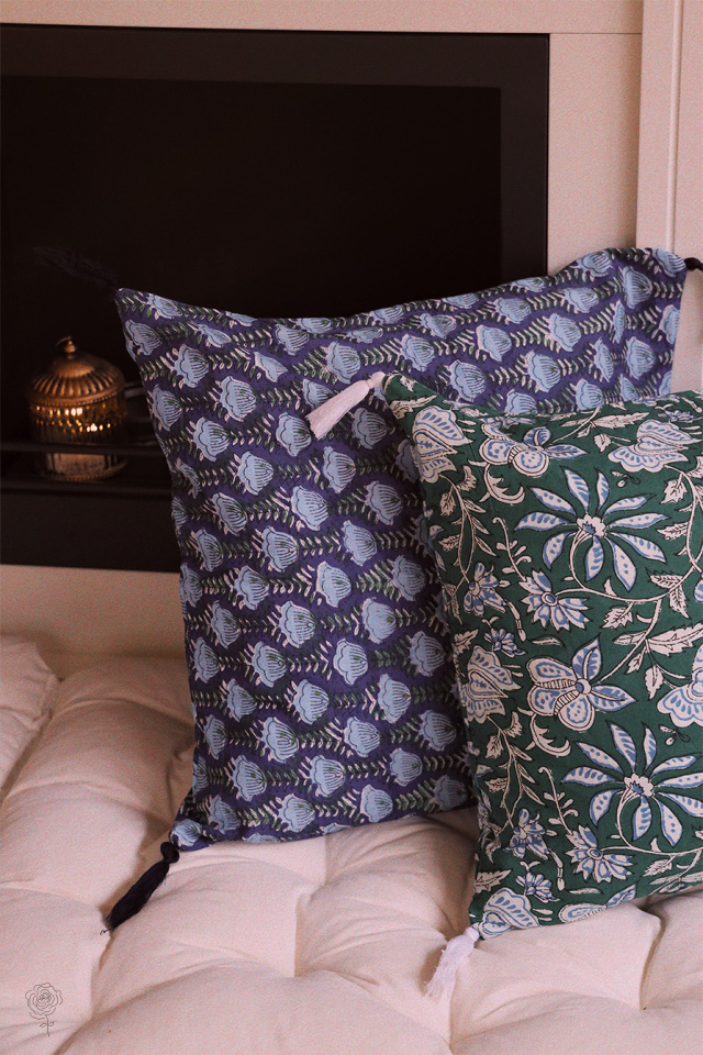 Dark Blue Floral Cotton Pillow Cover