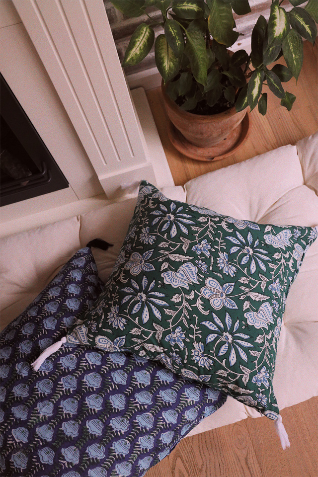 Dark Blue Floral Cotton Pillow Cover