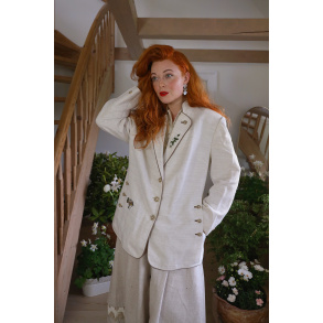 Light Sand Embroidered Linen Blazer Jacket | L/XL