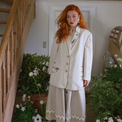 Light Sand Embroidered Linen Blazer Jacket | L/XL