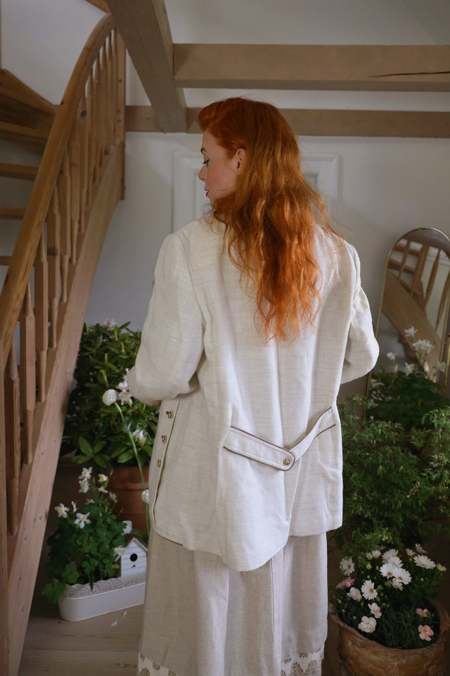 Light Sand Embroidered Linen Blazer Jacket | L/XL