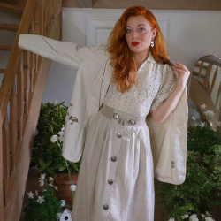 Light Sand Embroidered Linen Blazer Jacket | L/XL