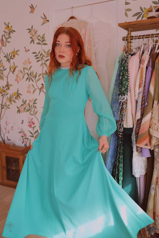 Minty Turquoise 70's Vintage Gown | S