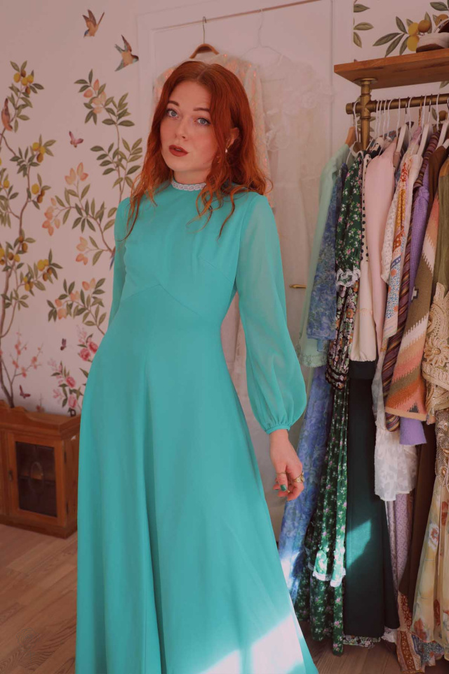 Minty Turquoise 70's Vintage Gown | S