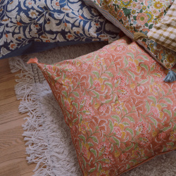 Blue Floral Cotton &amp; Velvet Pillow Cover 