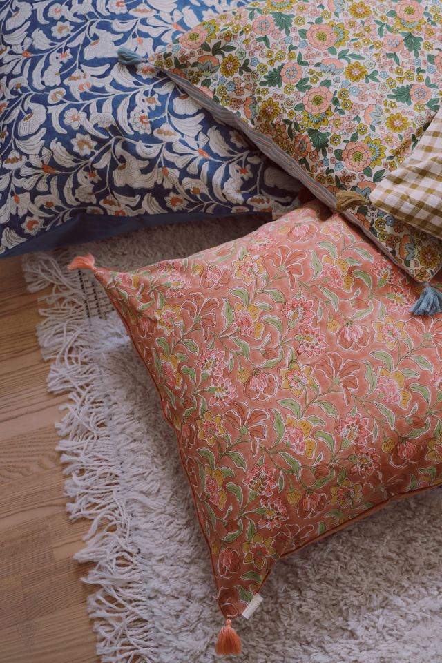 Blue Floral Cotton &amp; Velvet Pillow Cover 
