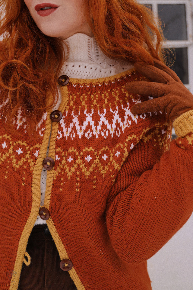 Orange, White &amp; Mustard Pattern Vintage Cardigan | S