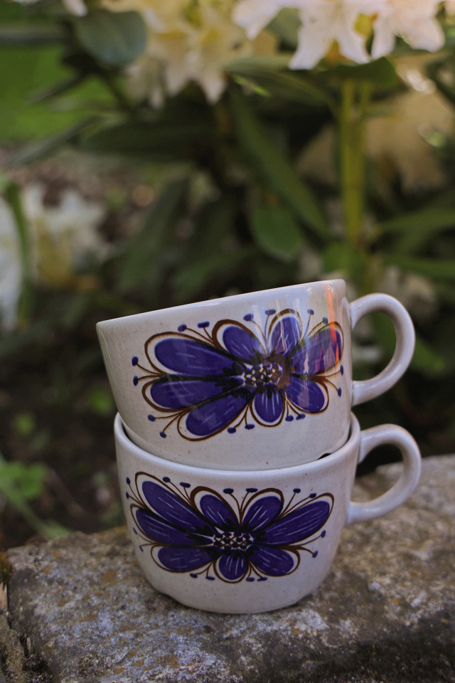 Set of Two Blue Handpainted Retro Mugs