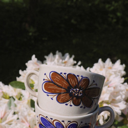Set of Two Blue Handpainted Retro Mugs