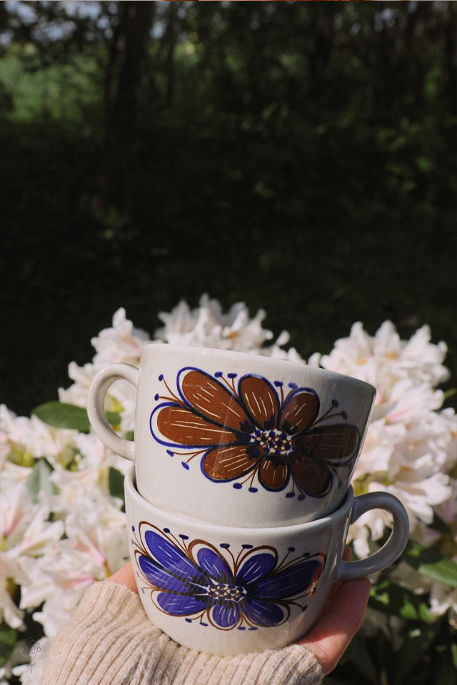 Set of Two Blue Handpainted Retro Mugs