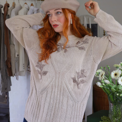 Beige Floral Embroidered Beaded Vintage Sweater | M
