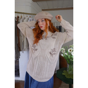 Beige Floral Embroidered Beaded Vintage Sweater | M