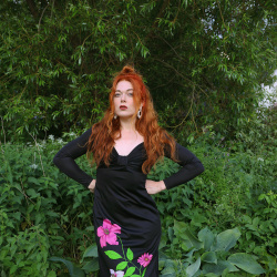 Black 70's Maxi Gown with Pink Flowers | S