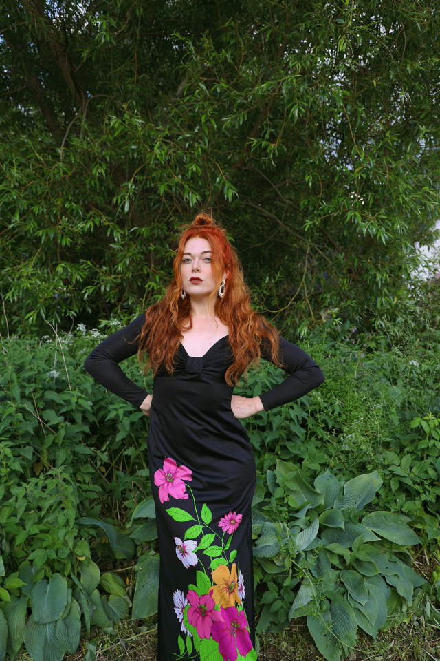 Black 70's Maxi Gown with Pink Flowers | S