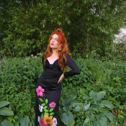 Black 70's Maxi Gown with Pink Flowers | S