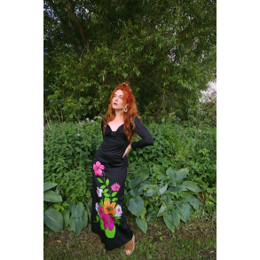 Black 70's Maxi Gown with Pink Flowers | S