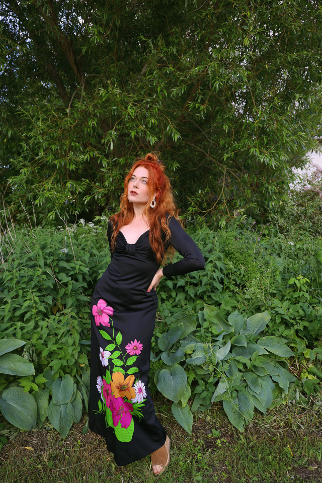 Black 70's Maxi Gown with Pink Flowers | S