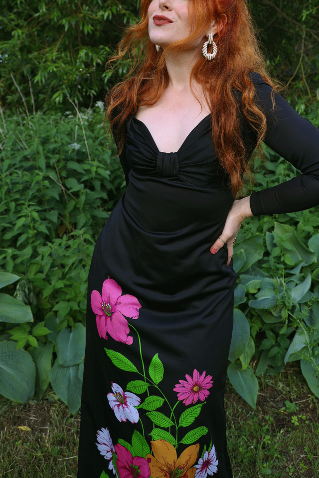 Black 70's Maxi Gown with Pink Flowers | S
