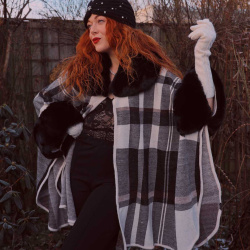 Black &amp; White Plaid Cape Jacket 