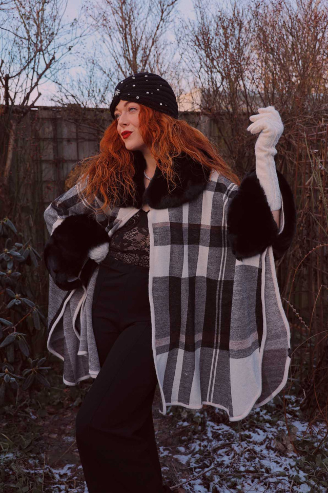 Black &amp; White Plaid Cape Jacket 