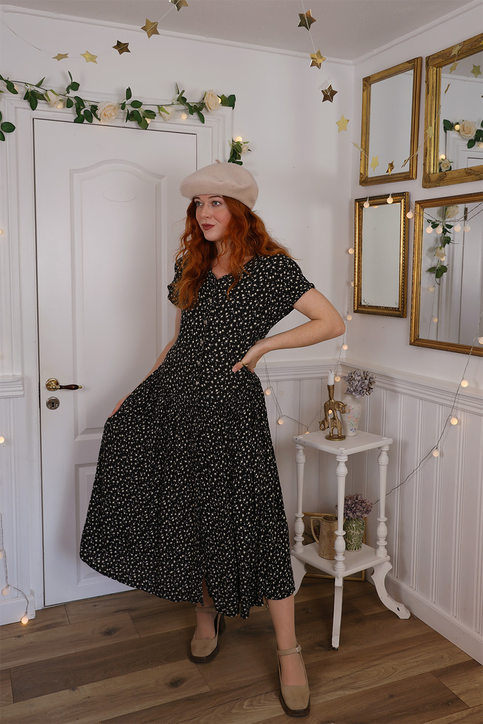Black Beige Floral Vintage Dress | L - Catalog - Bohemian