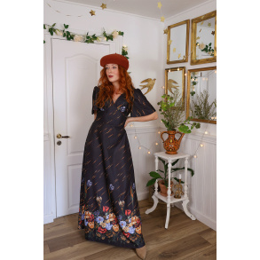 Black Floral 70's Vintage Gown | M/L