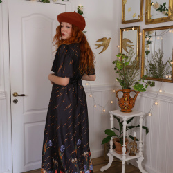 Black Floral 70's Vintage Gown | M/L