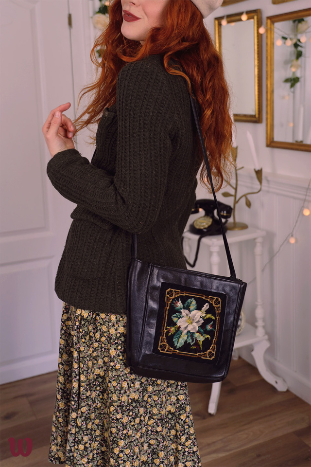 Black Leather Needlepoint Vintage Bag 