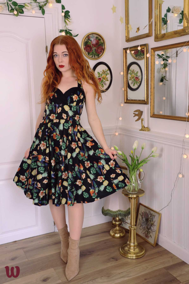 Black Cotton Parrot &amp; Pineapple Dress | S