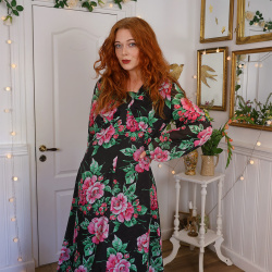Black Pink Floral 70's Maxi Dress | L