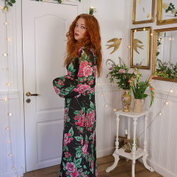 Black Pink Floral 70's Maxi Dress | L
