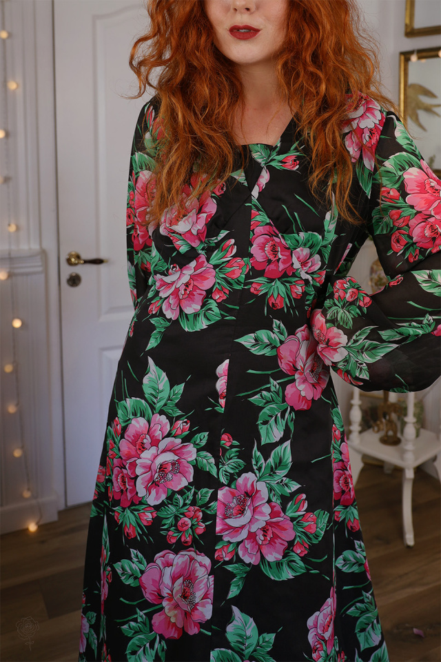 Black Pink Floral 70's Maxi Dress | L