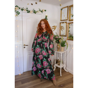 Black Pink Floral 70's Maxi Dress | L