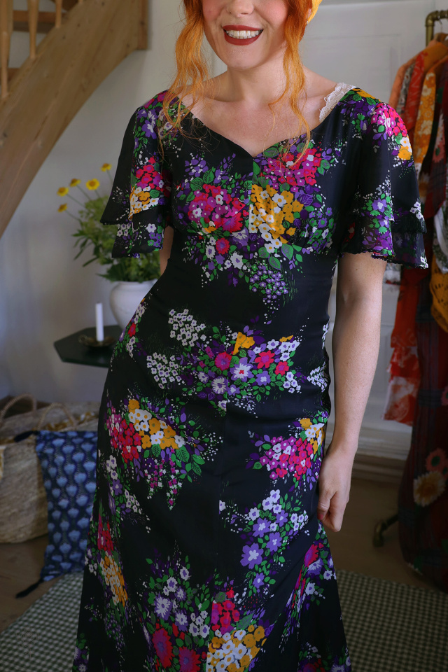 Black Bright Floral 70's Dress | S