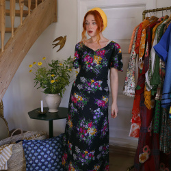 Black Bright Floral 70's Dress | S