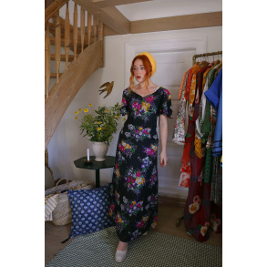 Black Bright Floral 70's Dress | S