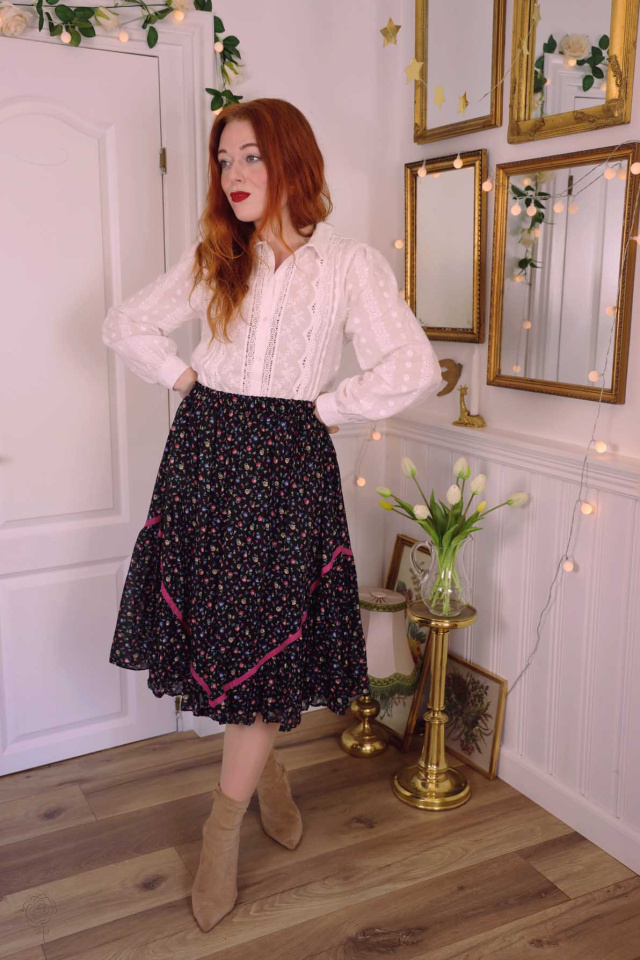 Black Multi Coloured Floral Vintage Skirt | XS