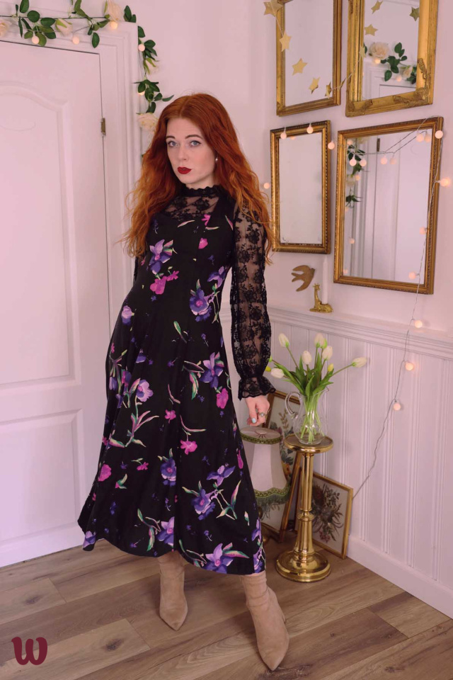 Black Purple Floral Vintage Dress | S