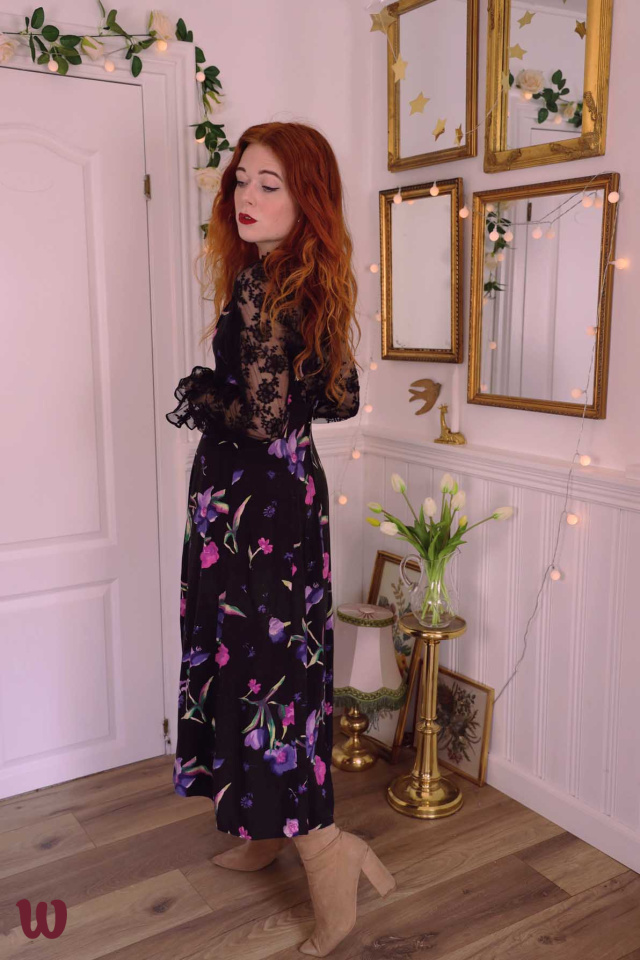 Black Purple Floral Vintage Dress | S - Catalog - Bohemian Wonders