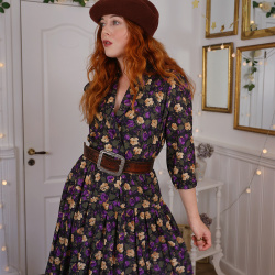 Black Golden Floral 80's Dress | L - Catalog - Bohemian Wonders