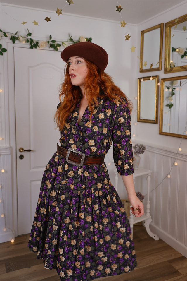 Black Golden Floral 80's Dress | L
