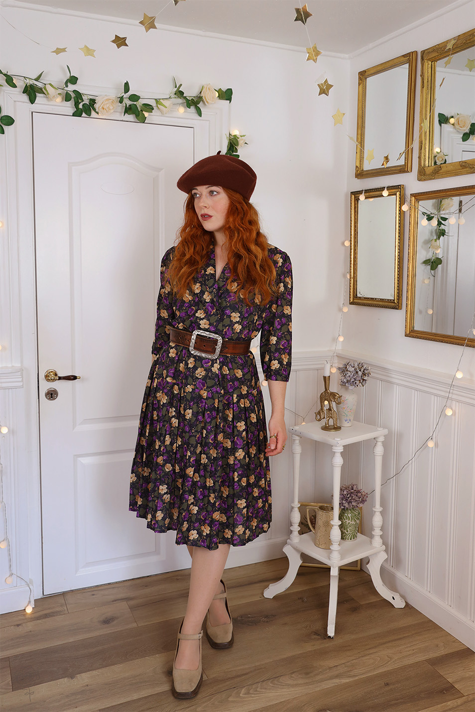 Black Golden Floral 80's Dress | L - Catalog - Bohemian Wonders