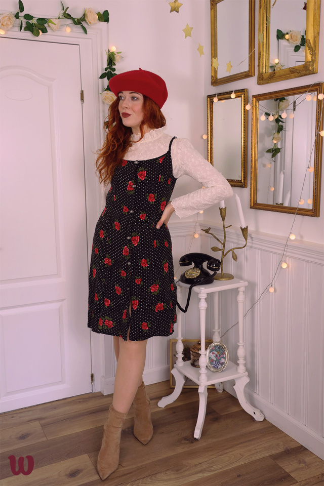 Black Red Rose White Dot Vintage Dress | S