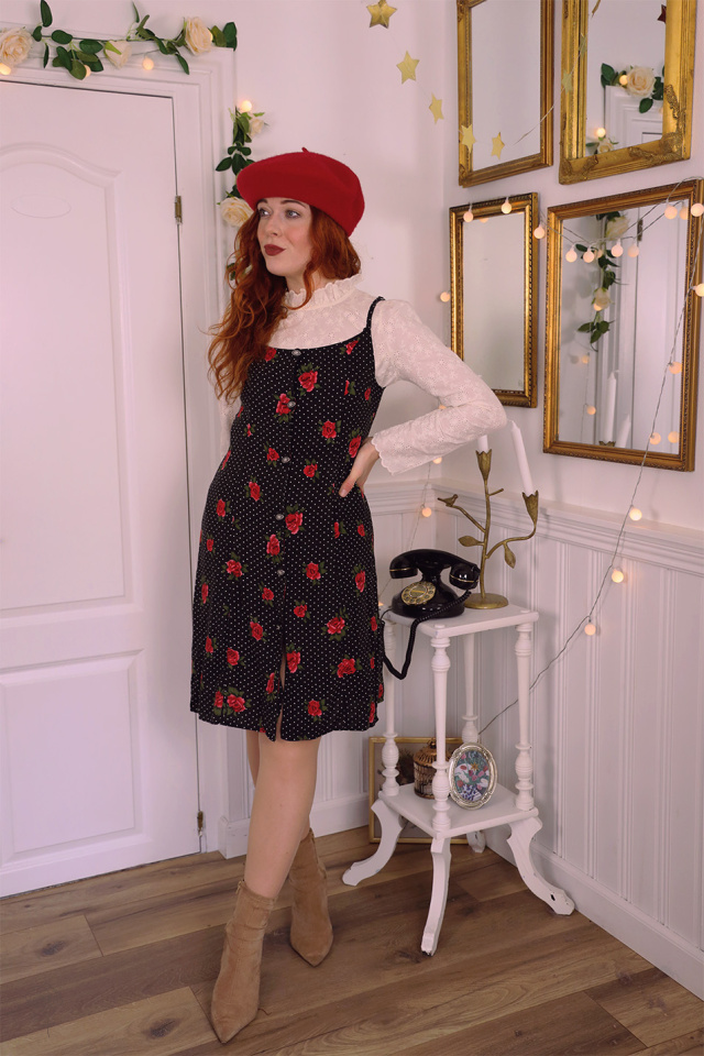 Black Red Rose White Dot Vintage Dress | S